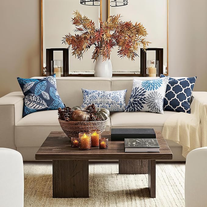 Phantoscope Set of 4 New Living Series Velvet Pillows Leaf Geometric Throw Decorative Velvet Pillow Cover Cushion Cover, Dark Blue 18 x 18 inches 45 x 45 cm