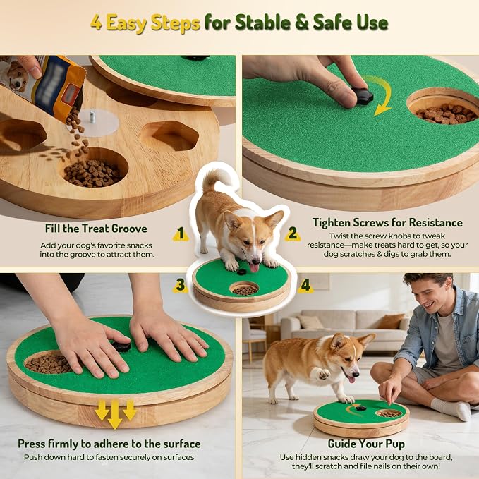 Dog Nail Scratch Board with Treat Box - Anti-Slip Rotating Dog Paw Care File Toy, Wooden Dog Scratch Pad for Nails with Adjustable Tension, Stress-Free Grooming & 2 Optional Base Types, Green