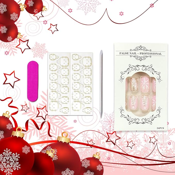 Medium Christmas Press on Nails Gold Glitter White Christmas Tree Snowflake False Nails Glossy Winter Xmas Glue on Nails Square Full Cover Acrylic Fake Nails for Women Girls