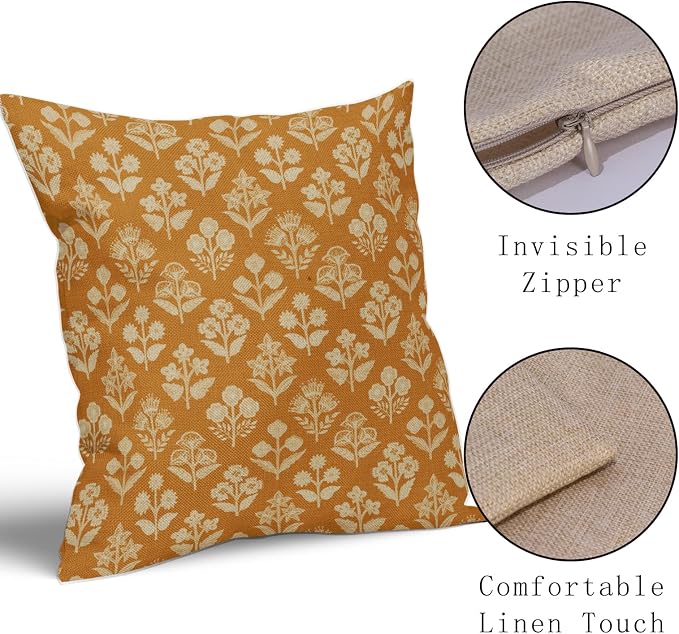 Mustard Yellow Floral Block Print Pillow Covers 18x18 Inch Set of 2, Vintage Flower Pattern Decorative Throw Pillowcases Outdoor Farmhouse Cushion Covers Spring Summer Rustic Sofa Couch Bed Decor