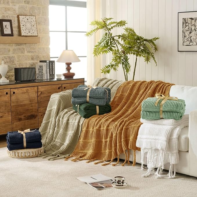 Boho Knitted Chenille Blanket with Tassels - Lightweight & Soft All-Season Throw - 3D Classic Pattern for Living Room Bedroom Couch, Amber Brown, King 90"x108"