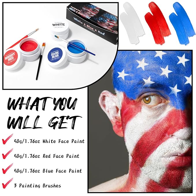 TonJin White Red Blue Face Body Paint Set 5.28oz,Non-Toxic Professional Facepaint Makeup Kit with 3 Brushes for 4th of July USA Independence Day Football Softball Players Clown Spiderman