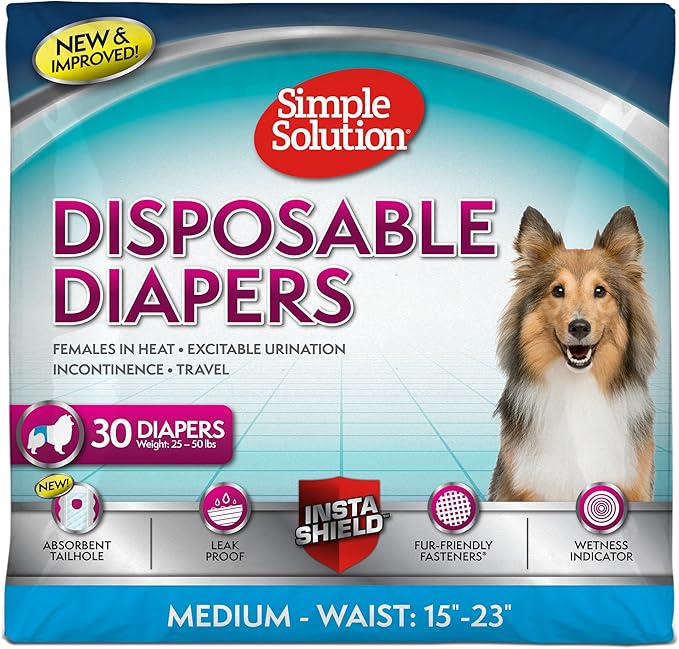 Simple Solution Female Dog Diapers, Disposable Dog Diapers, M, 30 Count | Dog in Heat, Potty Training, Incontinence Support, Leak Proof, Puppy Training, Disposable Protection, Secure Fit, 15-23 Inch