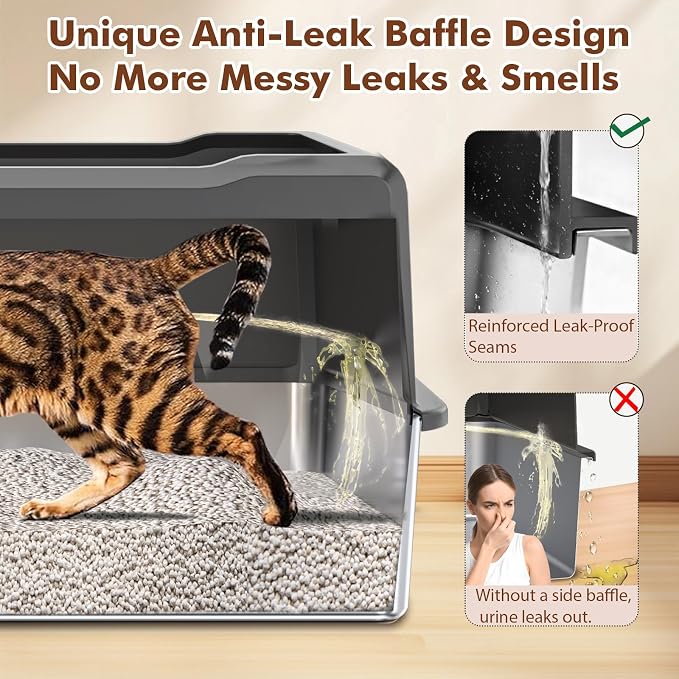 Extra Large Stainless Steel Litter Box for Large Cats | 50% Thicker Metal, High Sides, Leak-Proof, Non-Stick Surface, Odor Resistant, Easy Clean