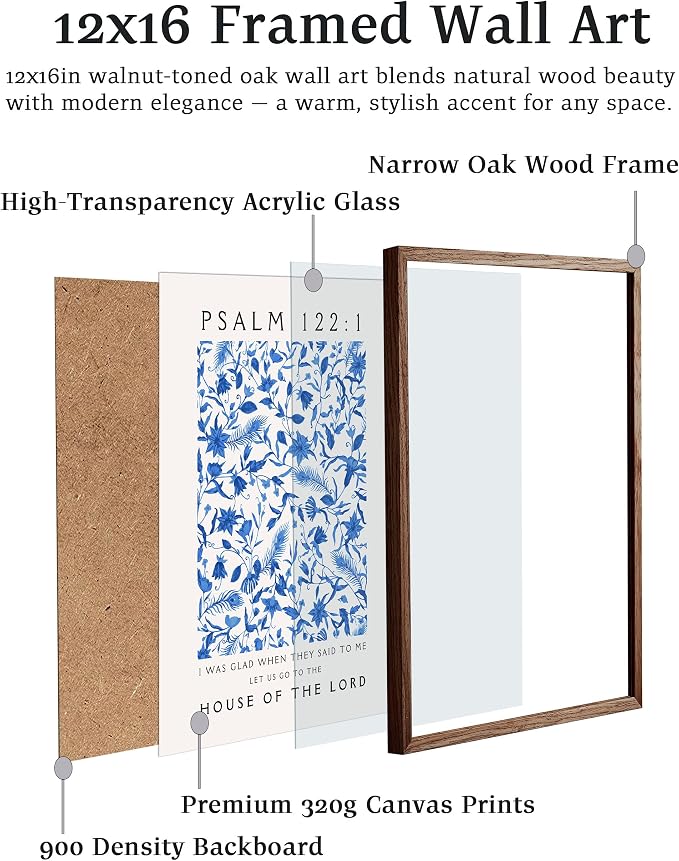 EcoHest 12x16 in Psalm 122:1 Blue Floral Framed Christian Wall Art | Walnut Color Solid Oak Frame， Canvas Wall Art, Botanical Scripture Wall Decor for Bedroom, Living Room, Office, Church, 1Pack
