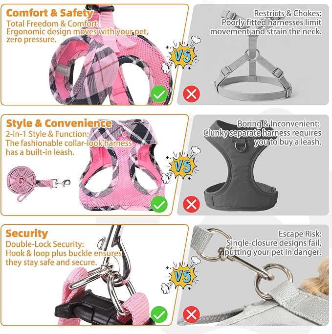 KOOLTAIL Dog Harness and Leash Set, Cute Pink Girl Dog Harness Medium Sized Dog, Step in No Pull Soft Mesh Pet Vest Harness Collar for Dogs Cats, Plaid Puppy Halters for Outdoor Walking, Pink M