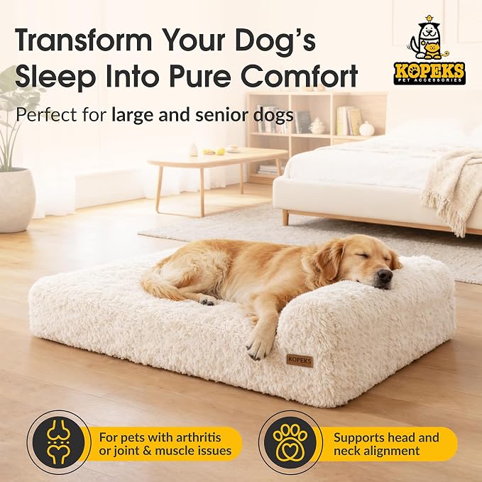 Orthopedic Memory Foam Dog Bed 7" Inch Thick Extra Large Dog Bed with Pillow Fluffy Brown 50"x34"x10" Includes Waterproof Liner & Durable Removable Cover with Smart Design