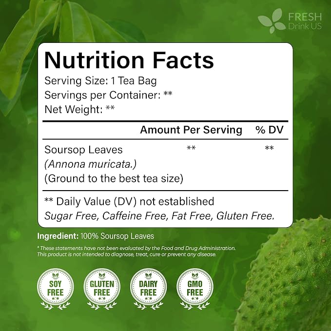 FreshDrinkUS, 105 Premium Soursop Graviola Leaf Tea Bags, The Finest Soursop Tea, 100% Natural and Pure, Handmade, Made With Natural Materials-Corn Fiber Tea Bag, Sugar/ Caffeine/ Gluten Free, Hoja Guanabana Tea
