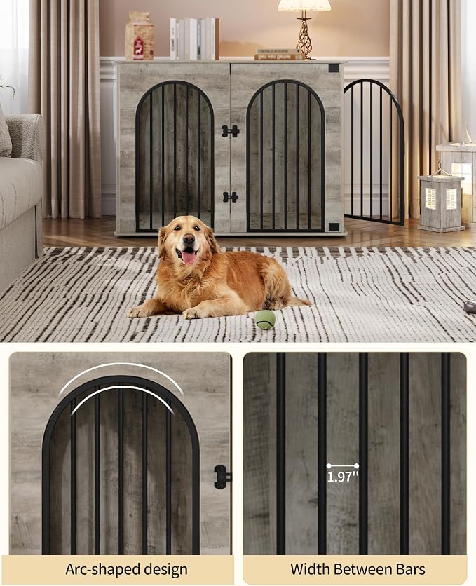 Hzuaneri 44.1'' Dog Crate Furniture,Dog Kennel Indoor for Medium/Large Dogs | Dog Kennel Furniture Wooden Dog Cage Heavy Duty Dog Crate Decorative Pet House End Side Table TV Stand,Greige Black DFC83905B
