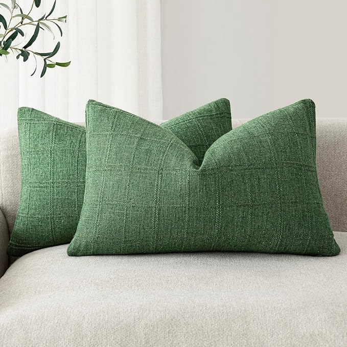 Foindtower Set of 2 Decorative Linen Check Throw Pillow Covers Neutral Farmhouse Lumbar Cushion Covers Modern Boho Accent Home Decor for Sofa Chair Couch Bedroom Living Room,12×24 Inch,Forest Green