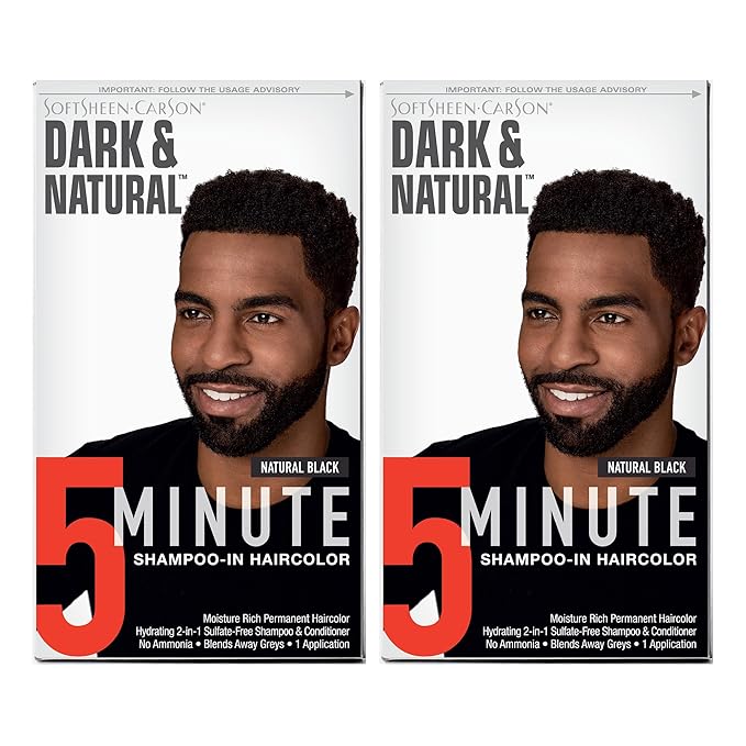 SoftSheen-Carson Dark & Natural Hair Color for Men 5 Minutes, Natural Looking Gray Coverage for Up To 6 Weeks, Shampoo-in Permanent Hair Dye, Ammonia Free, Natural Black, 2 Count