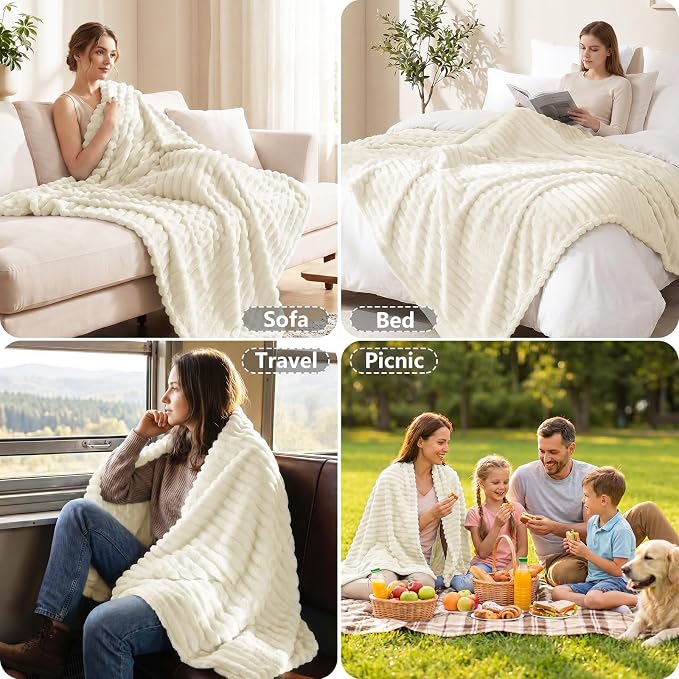 Cream White Twin Blanket for Bed & Couch, 60 x 80 Inch | 300GSM Ribbed Fleece Blanket, Soft, Cozy & Lightweight, OEKO-TEX Certified, All-Season Use for Travel, Dorm & Home Decor