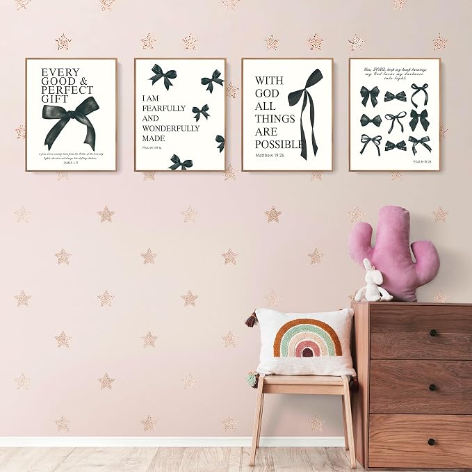 LARTSFRO Coquette Black Bow Bible Wall Art Decor Posters, Black Bow Room Bedroom Bathroom Dorm Wall Art Decor Aesthetic for Teen Girls Gifts, Inspirational Bible Verses Bow Wall Decor, 12x16 Inch Set of 4 Pcs Bow Pictures (UNFRAMED)