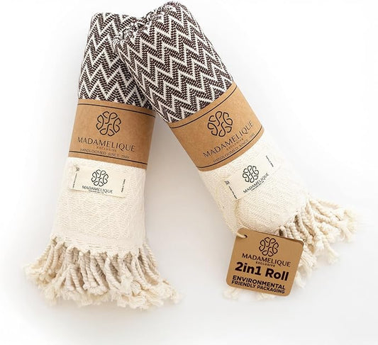 Madamelique Exclusive Hand Towels Set of 2-18 x 40 Inches - Decorative Bathroom Peshtemal Towel for Hand, Face, Hair, Yoga, Tea, Dishcloth, Kitchen and Bath - 100% Pure Cotton (Chocolate)