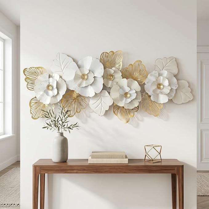 Axioglo 59" Large Wall Decor,3D Floral Metal Wall Art for Living Room | 59" x 27" metal wall decor with layered metal texture, mounting hardware, two-way display