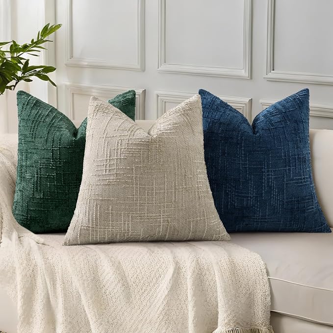 decorUhome Textured Chenille Throw Pillow Covers 22x22 Set of 2 Green | Fall Modern Farmhouse Soft Cozy Slubby Couch Pillow Cases Boho Decorative Pillow Cases for Bed Sofa Living Room Home Decor