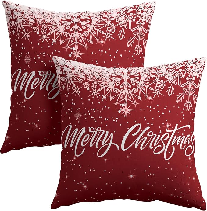 Kawani Merry Christmas Throw Pillow Covers 16 x 16 Inches Set of 2 Xmas Winter Snowflakes Red Farmhouse Cotton Linen Square Decorative Pillowcases Cushion Cover for Sofa Couch Decor