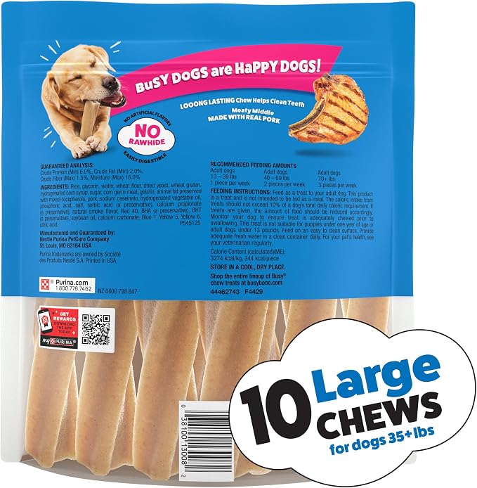 Purina Busy Bone Adult Large Dog Chew Treats, Original, 10 ct Pouch | Rawhide free chew with a real meat center for dogs 35+ lbs, long lasting chew that helps clean teeth