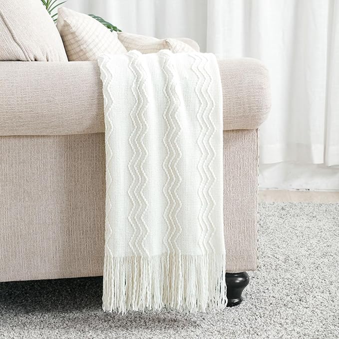 BOURINA Off White Throw Blanket 50x90 Inch Boho KnitSoft Throw Sofa Blanket | Knitted Throw Blanket 50x90 Inches, Soft Lightweight Boho Weave Throw Decorative Couch Blanket for Living Room Bedroom Chair