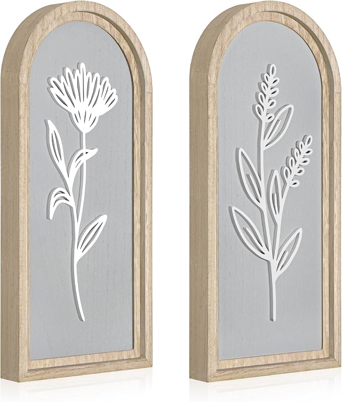 Gray Bathroom Wall Decor Set of 2, Arched 3D Wooden Floral Wall Art Panels | Raised white floral cutouts in arched frames, ready to hang; neutral boho farmhouse decor for bedroom, hallway and entryway
