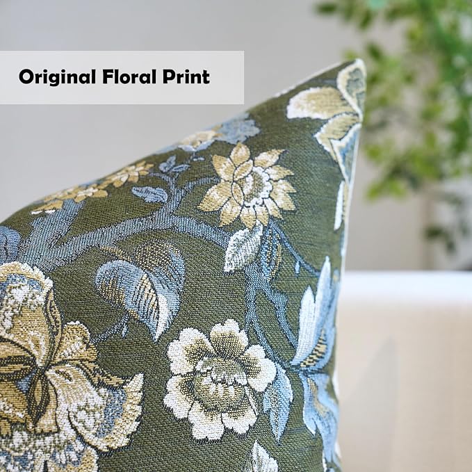 Neutral Floral Pillow Cover 18x18, Vintage Linen Square Pillow Cover Soft Decorative Farmhouse Accent Pillow Cases for Couch Bedroom Living Room Home Decor, Green