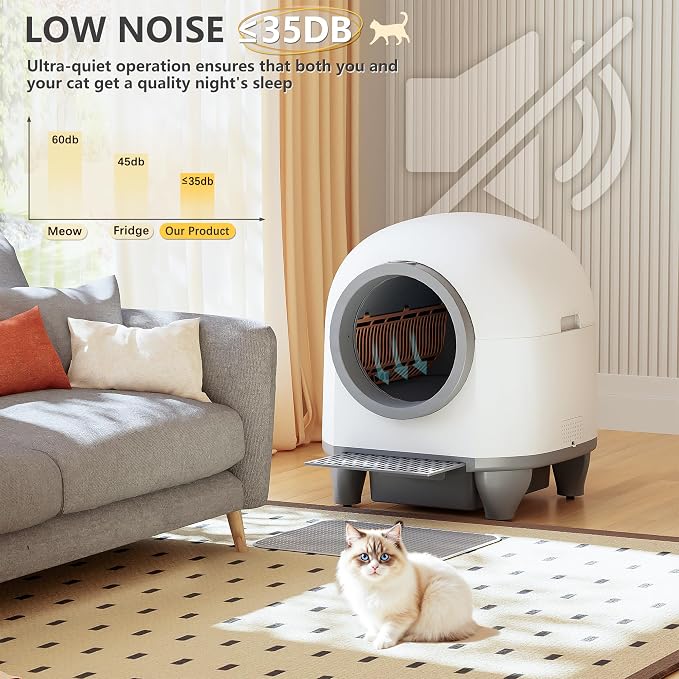 WARCAT Self-Cleaning Litter Box – 90L, APP, Sensors, Gray | 90L large capacity for multiple cats. APP-controlled with smart sensors. Safety protection. Includes mat & 1 garbage bag.