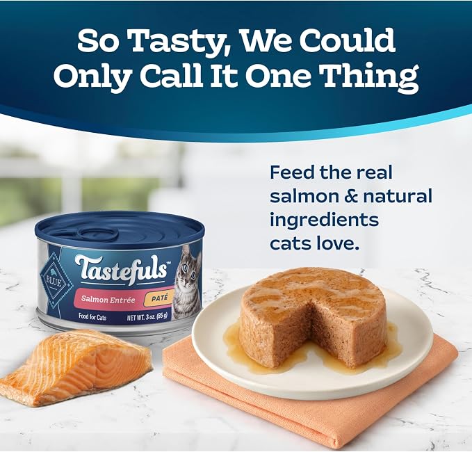 Blue Buffalo Tastefuls Salmon Paté Wet Cat Food, 3 oz, 24 ct | Real Salmon First, Paté Style, No Chicken By-Product, Corn, Wheat, or Soy
