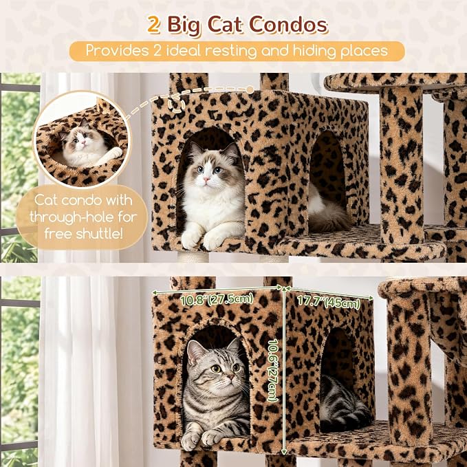 Globlazer Extra Large Leopard Cat Tree 82in Tall Heavy Duty Cat Tree for Indoor Cats Large Adult Big Cat Tower with 8 Scratching Posts, 2 Condos, 2 Padded Perches, 3 Baskets, S82, Leopard Print
