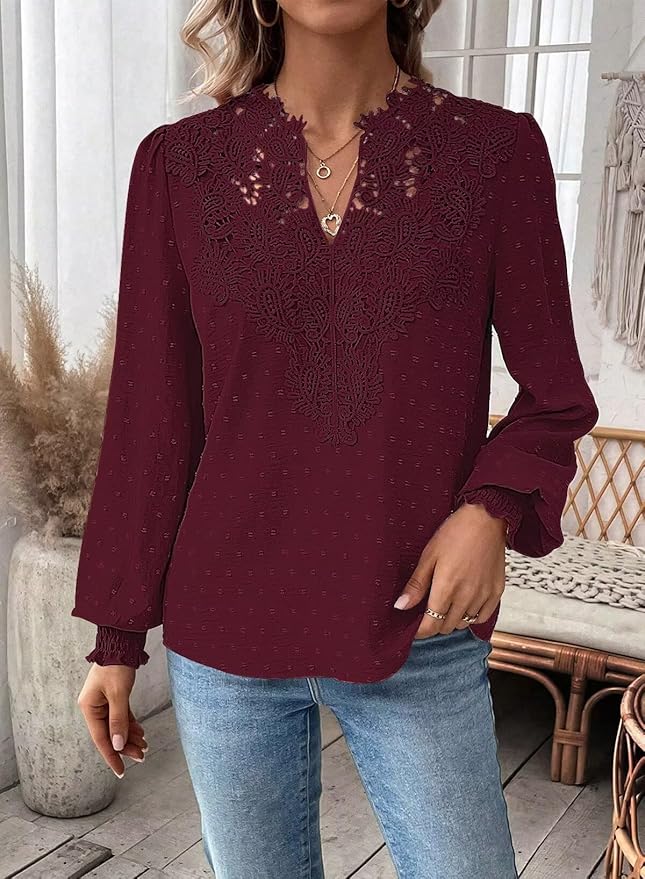Womens Tops Swiss Dot Boho Long Sleeve Shirts V Neck Casual Chiffon Blouses Flowy Lace Hem Cute Clothing Trendy 2026