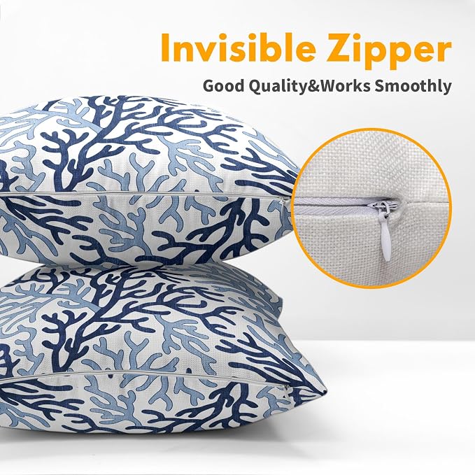 Nautical Coastal Coral Blue White Pillow Covers 18x18 Inch Set of 2 Summer Ocean Themed Beach Pillow Cases Outdoor Linen Square Cushion Cover Farmhouse Decor for Bedroom Home Sofa Couch Bed