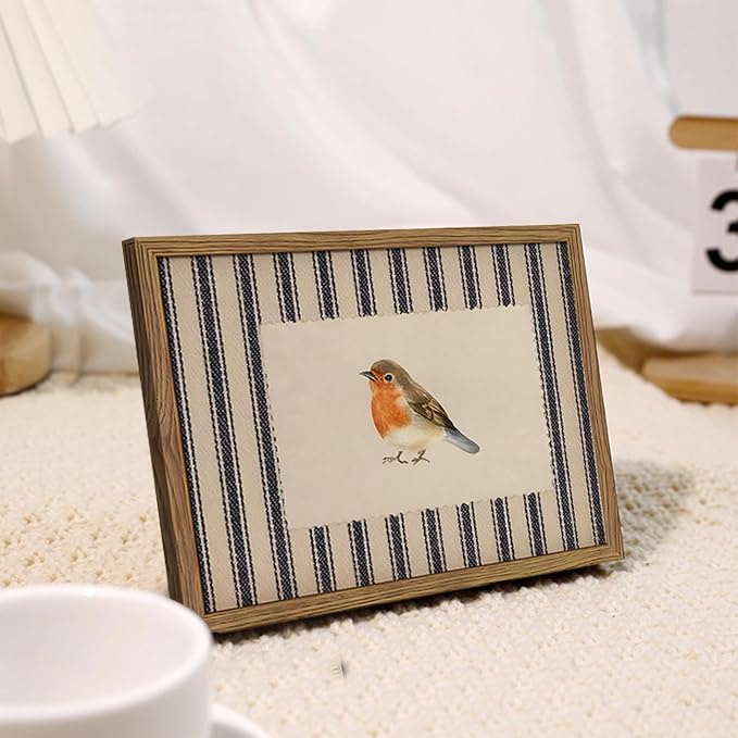 Framed Robin Bird Wall Art, Striped Nature Watercolor Canvas Print, Country Farmhouse Wall Decor, Vintage Cottagecore Animal Picture Artwork for Living Room Bedroom Bathroom 8x10 inch