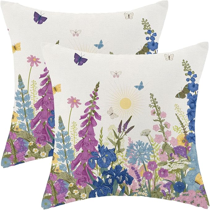 AEIOAE Spring Pillow Covers 18x18 Inch Set of 2, Navy Blue Sage Green Pink Wild Flower Throw Pillows Case,Seasonal Floral Plant Outdoor Decorative Farmhouse Decor Cushion Covers for Sofa Bed Couch