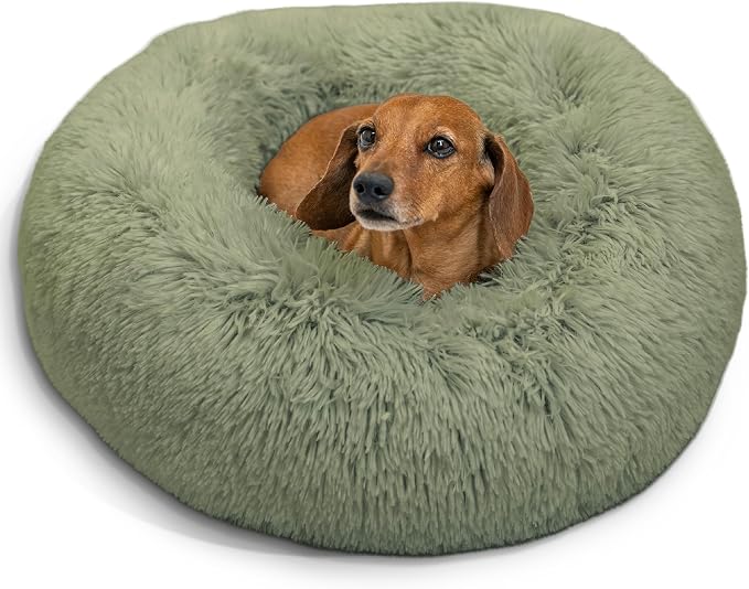 Best Friends by Sheri The Original Calming Donut Dog Bed for Small Dogs up to 25 lbs, Shag Faux Fur, Sage Green, 23" x 23"