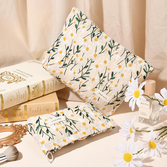 SOIDRAM 2 Pcs Makeup Bag Large Cosmetic Bag Toiletry Bag Makeup Pouch Travel Bag Organizer Cute Makeup Brushes Aesthetic Accessories Storage Bag for Women Daisy Embroidery
