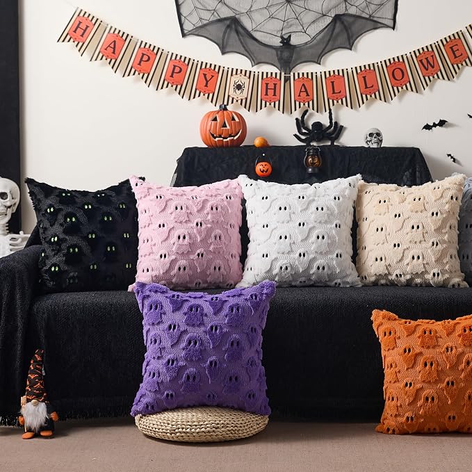 DFXSZ Halloween Pillow Covers 16x16 inch 2Pcs Black Ghost Halloween Decor | Halloween Decorations Set of 2 Throw Pillow Cases Plush Faux Fur Wool Cushion for Chair Sofa Bedroom Living Room Home Decor