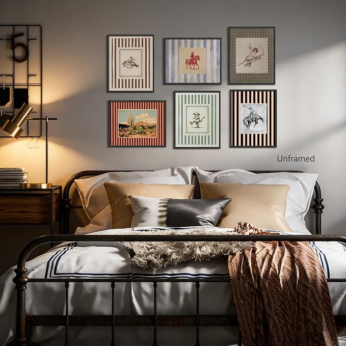 ZHARGL Vintage Western Posters Wall Art Set of 6, Striped Cowboy Canvas Wall Decor Paintings, Boho Farmhouse Southwest Prints Pictures for Living Room Bedroom Bathroom 12x16 Inch Unframed