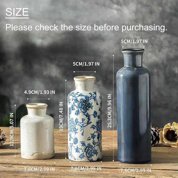 ooit Ceramic Vintage Vases Set of 3, Blue and White Flower Decorative Vase Chinoiserie Decor Rustic Farmhouse Retro Floral Vases for Table Bookshelf Mantel Kitchen Living Room Office