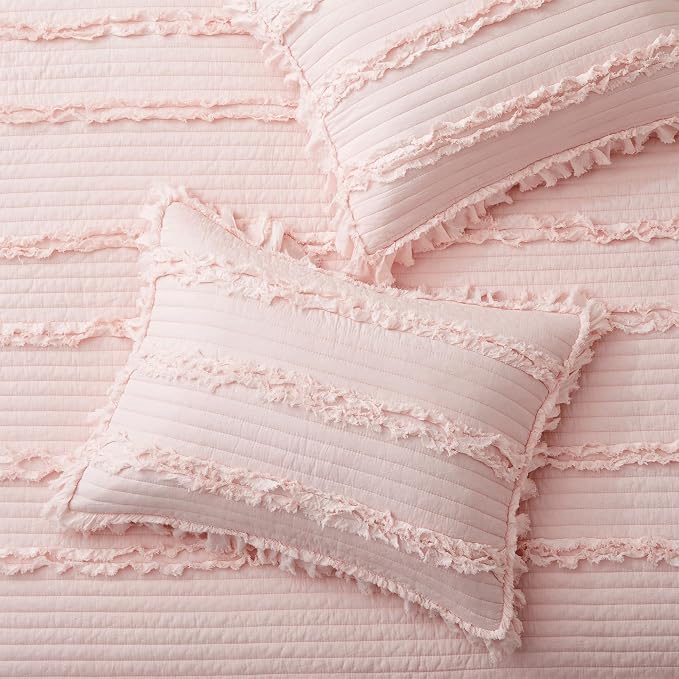 Ultra Soft Ruffle Fringed Quilt King Size,Shabby Chic Rustic Pink Bedding Set, Stone Washed Boho Decorative Quilt with 2 Pillow Shams for All Season