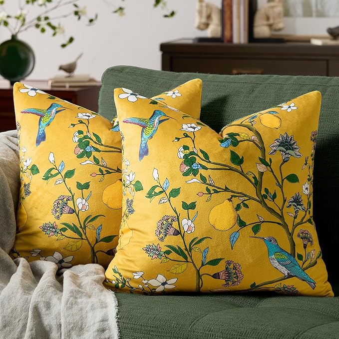MUSSEL Mustard Yellow Floral Decorative Pillow Covers 18x18 Set of 2 | Soft Velvet,Wild Flower Plant,Throw Pillows Case,Square,Colorful Farmhouse Cushion Covers,Home Sofa Bed Couch Decor