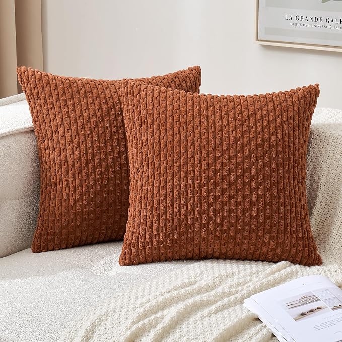 MIULEE Fall Decorative Throw Pillow Covers 20x20 Burnt Textured Corduroy | Terracotta Pack of 2 Striped Pillow Covers Modern Farmhouse Autumn Home Decor for Couch Bed Sofa Living Room
