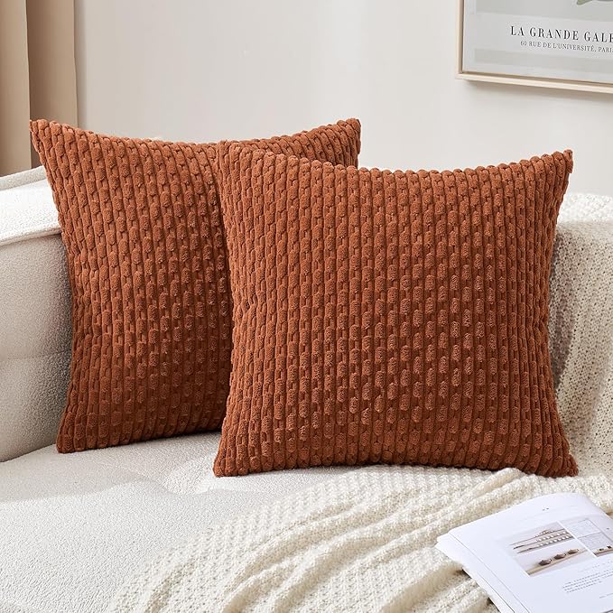 MIULEE Fall Decorative Throw Pillow Covers 16x16 Burnt Textured Corduroy | Terracotta Pack of 2 Striped Pillow Covers Modern Farmhouse Autumn Home Decor for Couch Bed Sofa Living Room