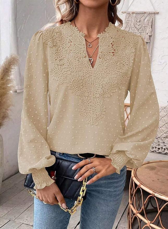 Womens Tops Swiss Dot Boho Long Sleeve Shirts V Neck Casual Chiffon Blouses Flowy Lace Hem Cute Clothing Trendy 2026