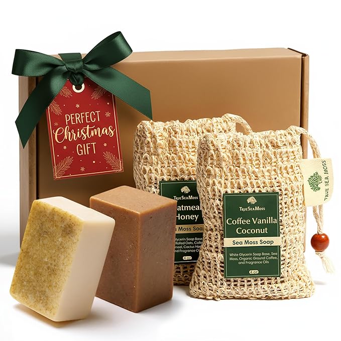 Holiday Gift Sea Moss Soap Bar – All-Natural Detox Soap with Coffee, Vanilla, Coconut & Oatmeal Honey – Gentle Handmade Foam for Sensitive Skin, Face & Body – Christmas Gift for Men & Women