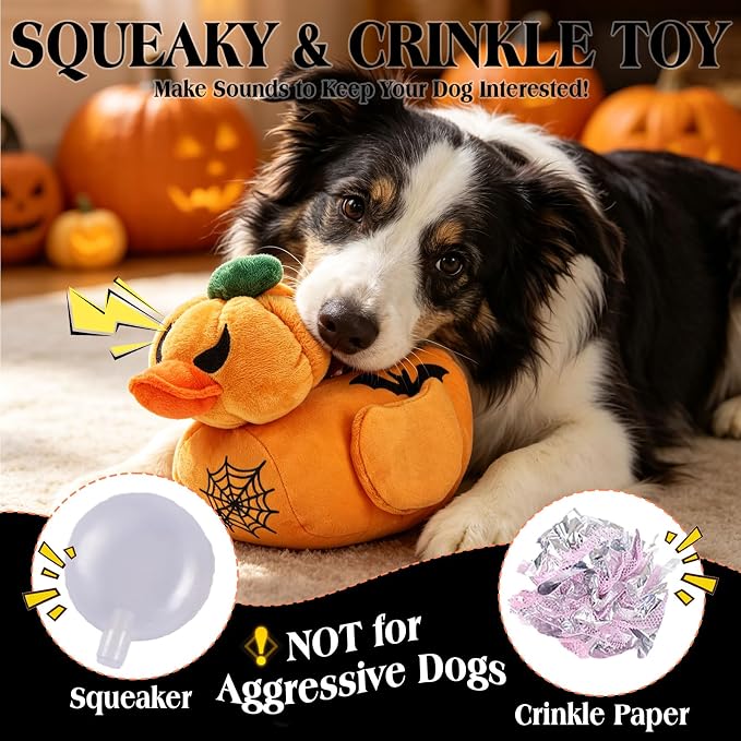 EXPAWLORER Halloween Squeaky Dog Toy - Funny Pumpkin Duck Plush Puppy Chew Toy with Crinkle Paper & Squeaker, Durable Interactive Stuffed Duck for Small Medium Large Dogs, Gift for Teething Holiday