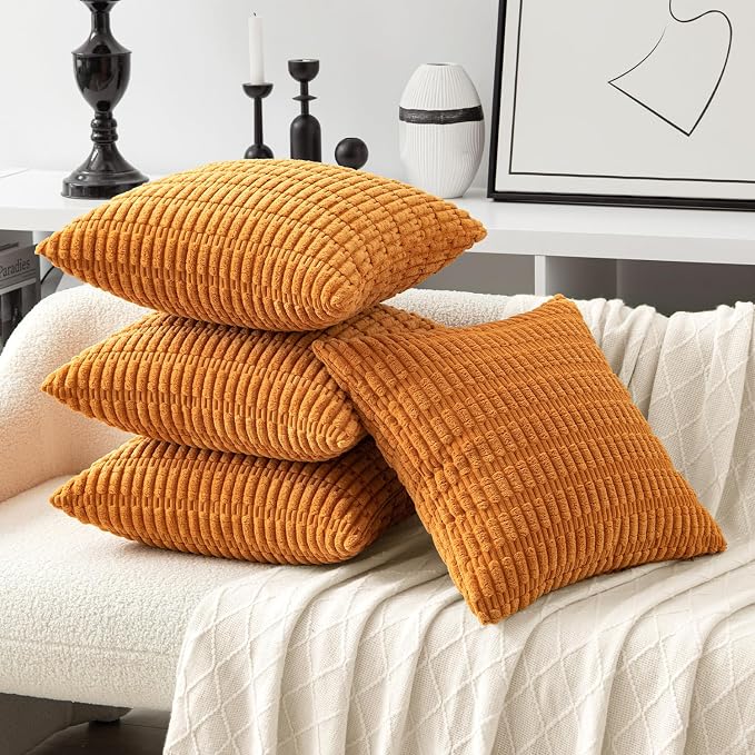 MIULEE Pack of 4 Fall Corduroy Throw Pillow Covers 18x18 Inch Burnt Orange | Neutral Rustic Farmhouse Boho Soft Striped Pillow Covers,Home Decor for Sofa,Living Room,Couch,Bed