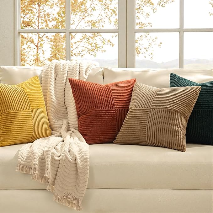 MIULEE Fall Green Rust Throw Pillow Covers 18x18 Inch Set of 4 Boho Farmhouse Soft Corduroy Striped Cushion Cases Decorative Color-Clash Home Decor for Couch Sofa Living Room Bed