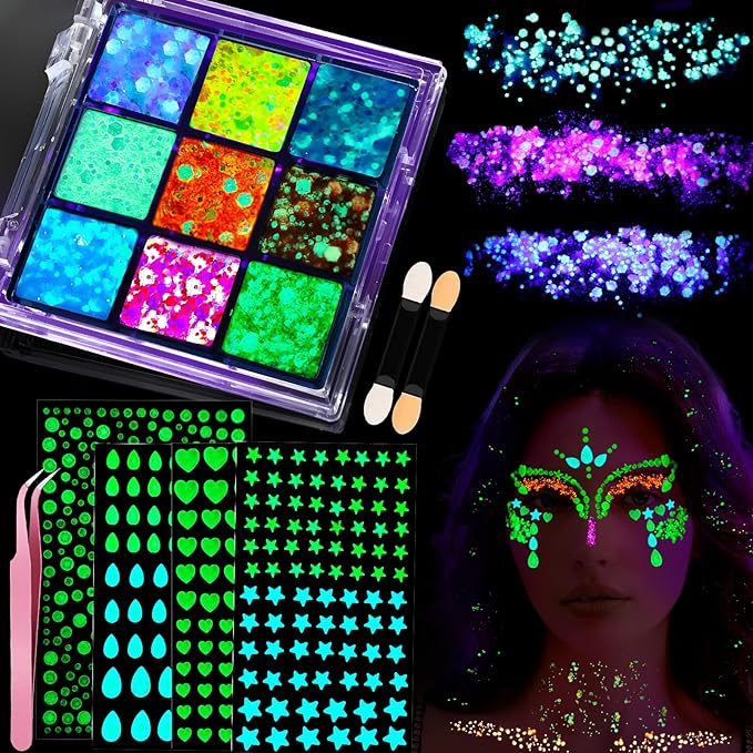 YGDZ Glow in The Dark Body Glitter, Face Glitter Gel, Mermaid Face Gems Kit, Hair Glitter Jewels for Makeup, Festival Outfits for UV Black Light Party, Rave Accessories for Women