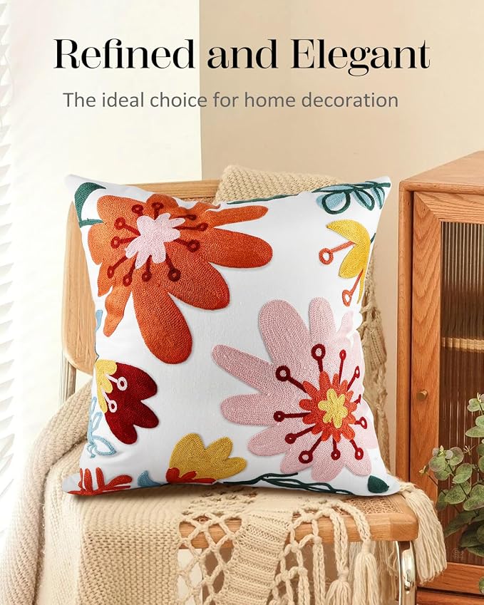 Embroidered Throw Pillow Cover - 18x18 Decorative Pillow Cover with Zipper Aesthetic Cute Design Boho Spring Summer Cozy Throw Pillowcase for Living Room Couch Sofa Bed, Artistic Flowers