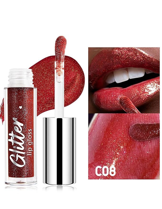 Erinde Glitter Shimmer Lip Gloss, Hydrating High-Shine Glimmer Finish & Sheer Wash Of Color Lip Oil, Non-Sticky, Moisturizing Lip Makeup, Bling Sparkle Lip Gloss Lipstick, Vegan & Cruelty-Free, 08