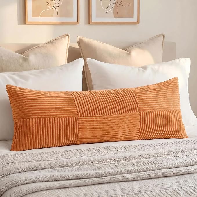 Fancy Homi Set of 1 Orange Boho Long Lumbar Body Decorative Throw Pillow Cover 14x36 Inch for Bed Couch Bedroom Bench, Soft Patchwork Corduroy Textured Pillow Case, Rustic Farmhouse Room Decor